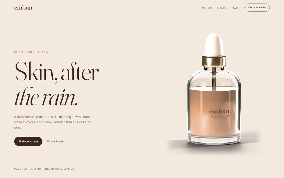 embun. hero: a glass dropper bottle of tinted serum beside the headline 'Skin, after the rain.'