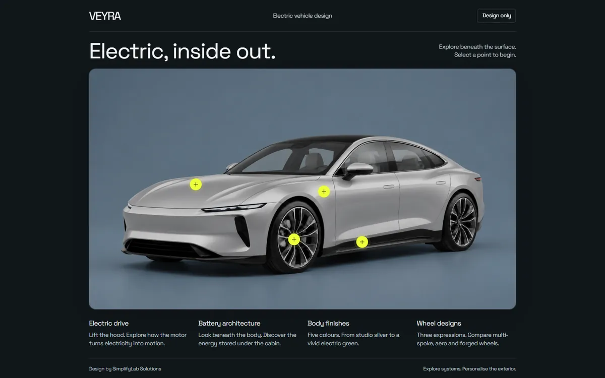 VEYRA electric car on the dark presentation page